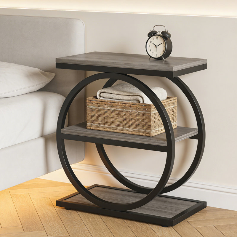Industrial Narrow End Table with 3 Shelves - 23.6" Space-Saving Side Table, Grey Wood & Black Metal Frame - Multi-Functional Sofa Table, Nightstand for Bedroom & Living Room