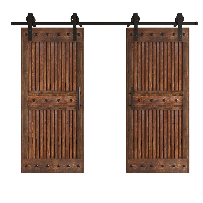 Coast Sequoia 72 po x 84 po Porte de grange coulissante double en bois noueux avec demi-grille, Noyer