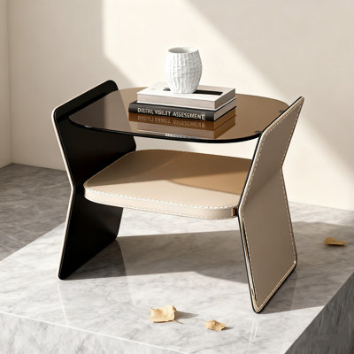 Kamyia 19.68-inch Italian Light Luxury Saddle Leather Bedside Table, Warm Color And Versatile