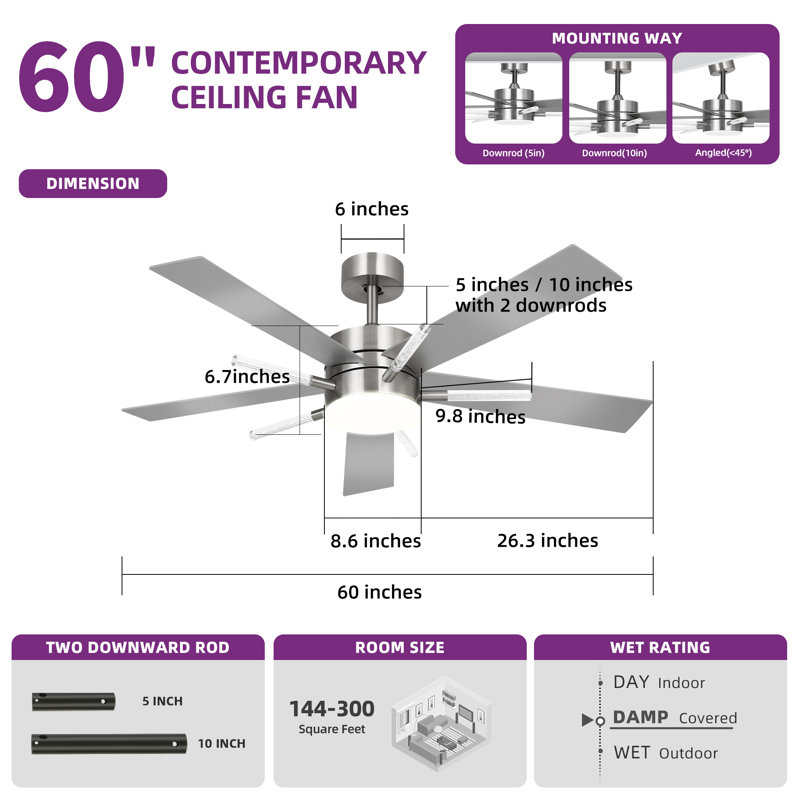Mercer41 5 Blades Indoor Ceiling Fan with Light Kit and Remote, Gray, Silver