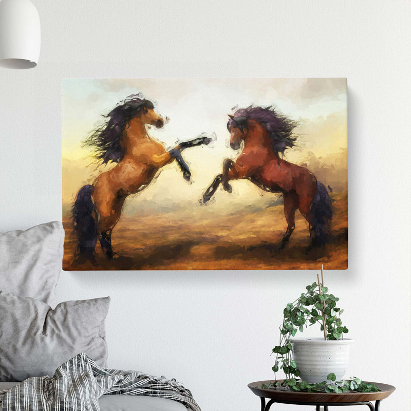 Two Wild Stallion Horses in Abstract - Wrapped Canvas Painting Print, 50cm H x 76cm W x 3cm D