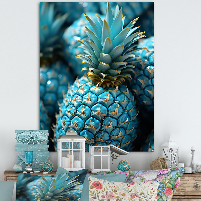 «Blue Pineapples Photo I», art mural ananas, H 40 po x l 30 po x P 1,5 po, Toile tendue