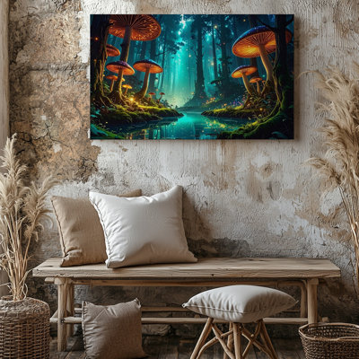 Wall Art Enchanted Forest Canvasglowing Bioluminescent Mushrooms And Magical Landscape Canvas