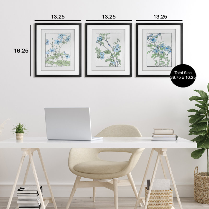 Ensemble de 3 reproductions encadrées sous-verre Wild Blooms avec contours détaillés, conception par CAD Designs