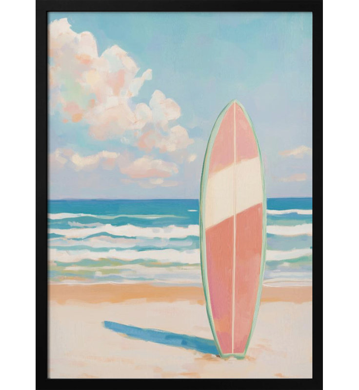 «Sea Beach Surfboard», art mural texturé encadré, Cadre noir, H 14 po x l 10 po