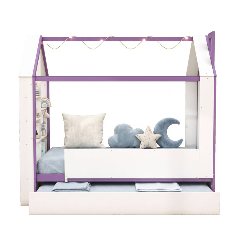 Structure de lit House avec lit gigogne, tablettes de rangement et éclairage DEL, Lit simple, Mauve blanc