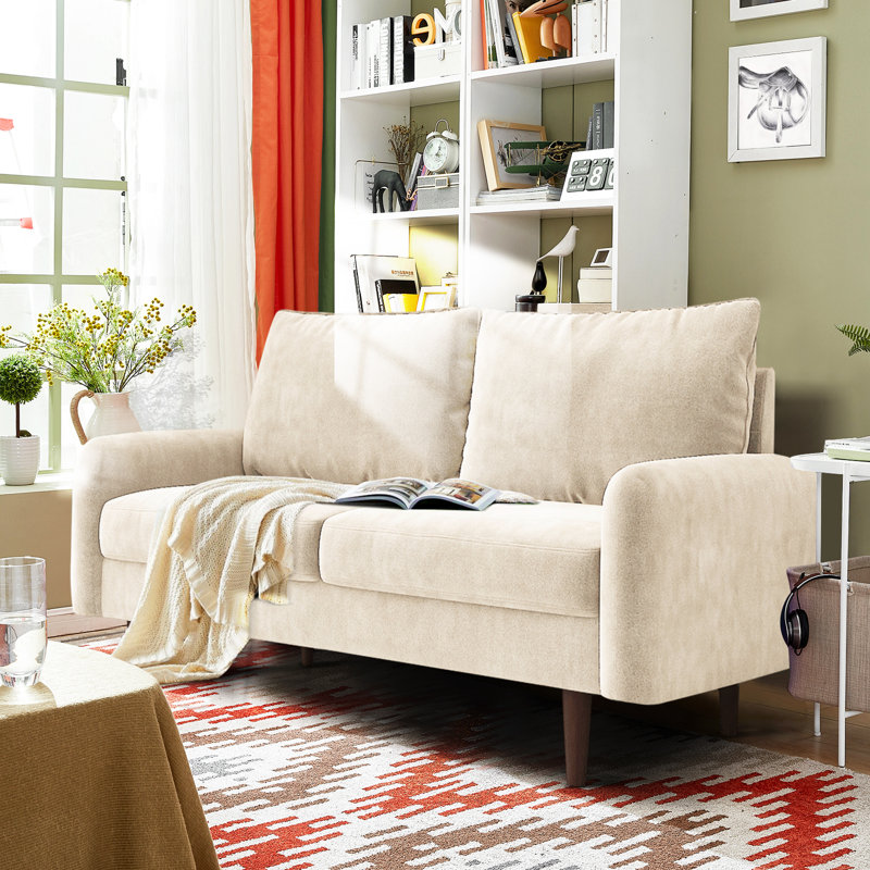 Beige Velvet Mid-Century Modern Round Arm Sofa