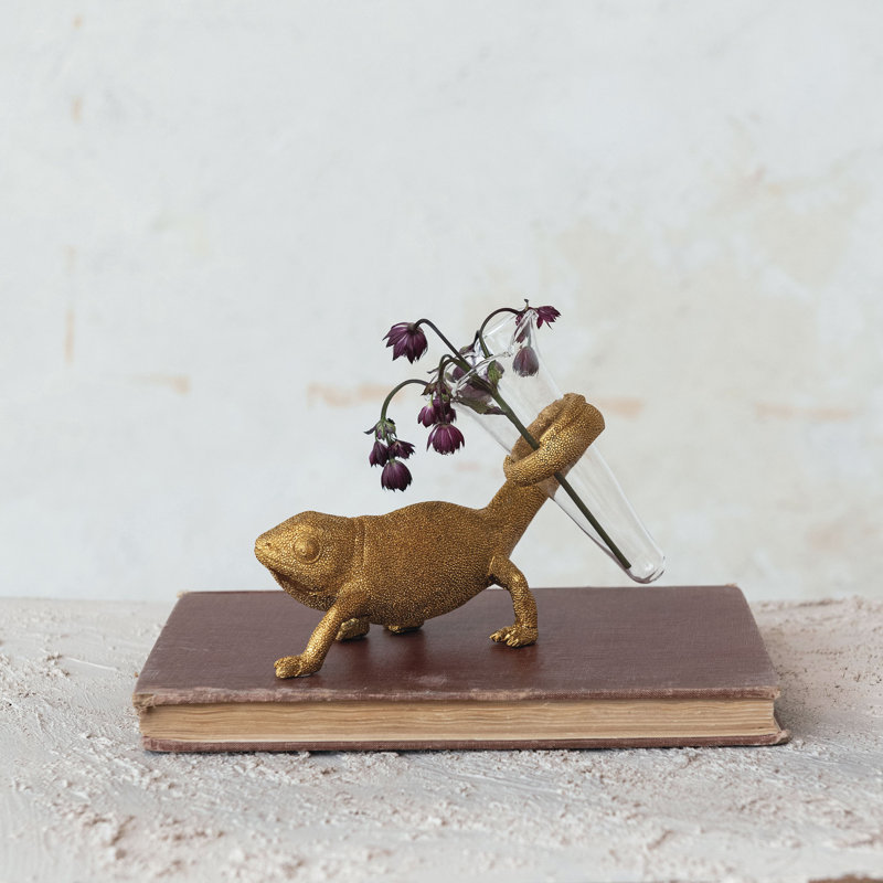 Resin Chameleon With Glass Vase