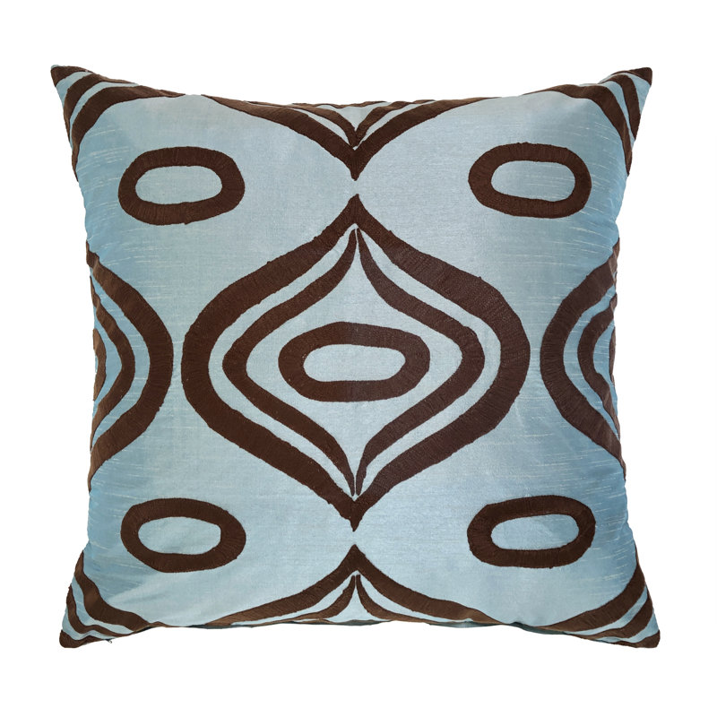 Embroidered Throw Pillow, Aqua/Chocolate