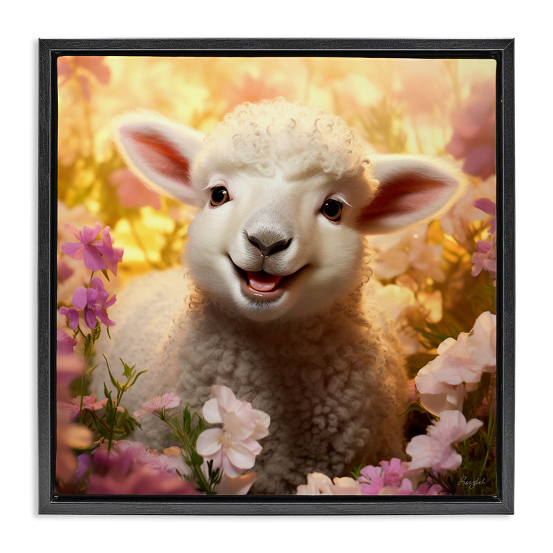 Agneau dans un pré fleuri, H 18 po x l 18 po, Cadre flottant noir de jais