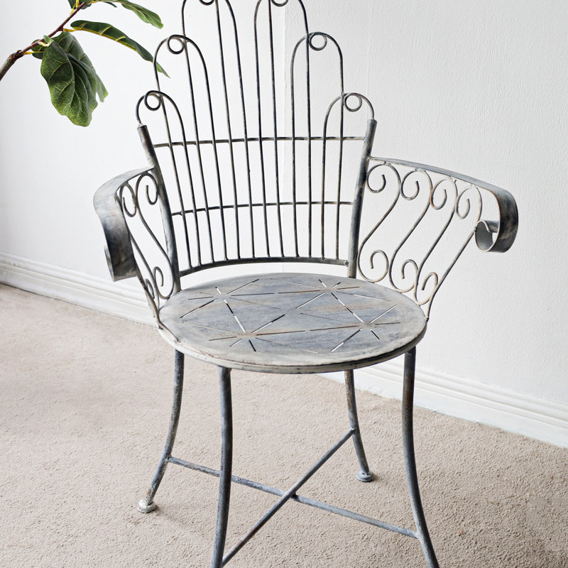23X22x38" Distressed Silver Finish Iron Accent Chair, French Country Armchair, Outdoor Garden Seating