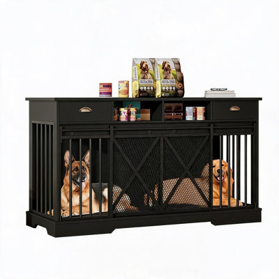 63-Inch Dog Crate Furniture, Double Kennel with Removable Divider, Sliding Doors, 2 Drawers, Black