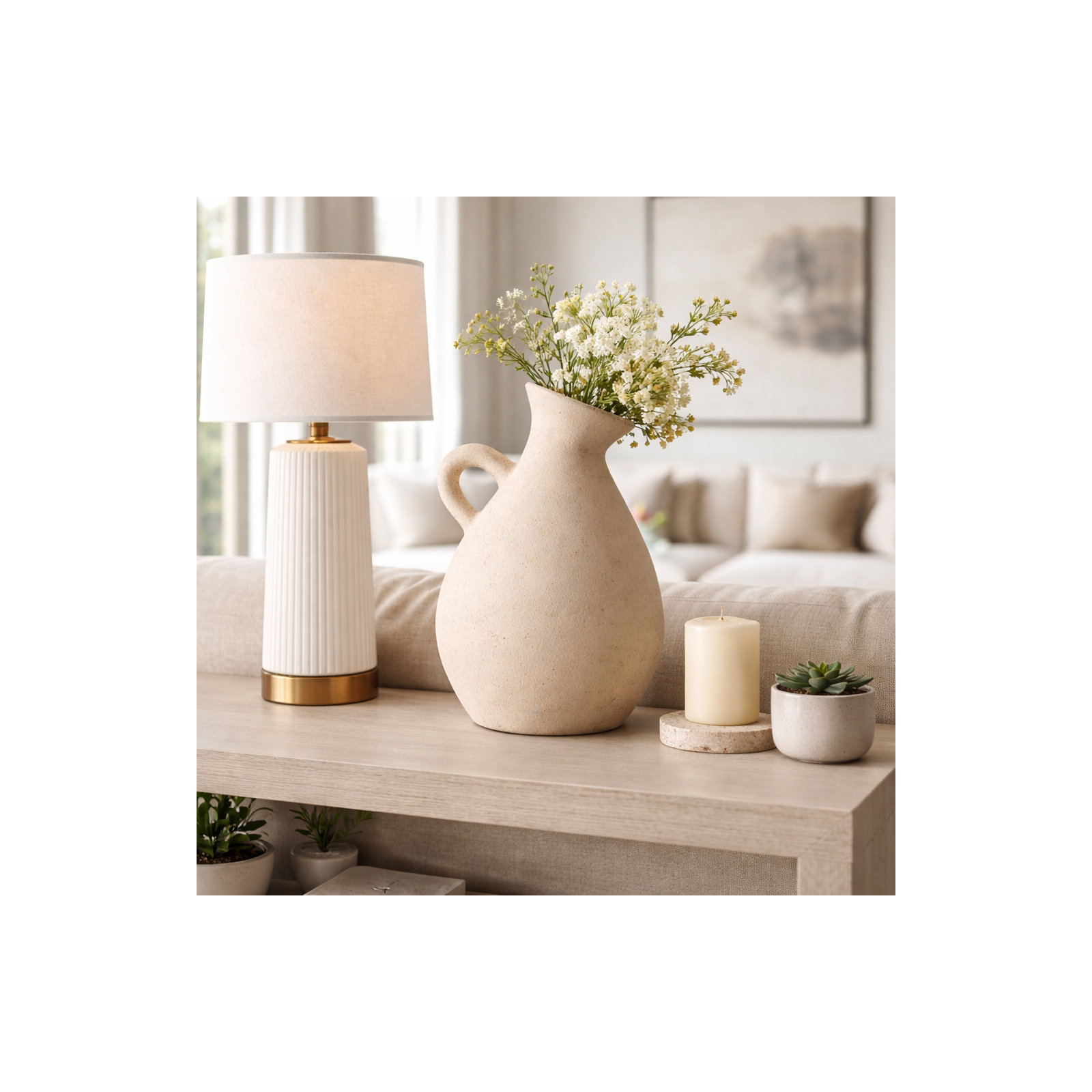 Terracotta, 19" Unique Jug With Handle, Round, Textured Ivory/Beige