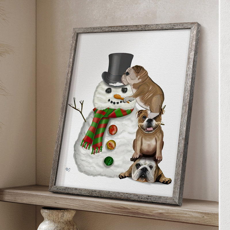 «Christmas English Bulldogs Building Snowman», reproduction encadrée - bois massif, H 15 po x l 12 po
