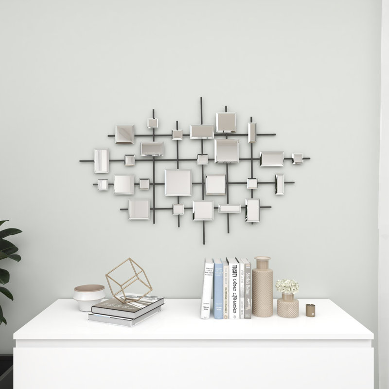 Corisande Metal Geometric Black Wall Decor with Square Mirrored Accents