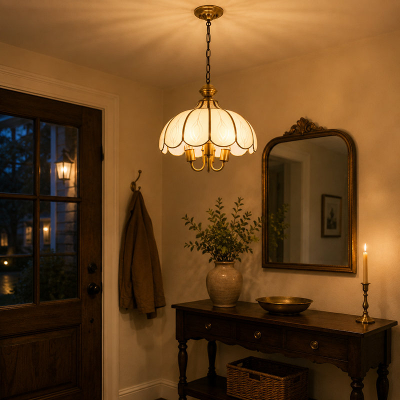 Vintage 3-Light Glass Pendant Chandelier with Scalloped Floral Shade, Gold Finish