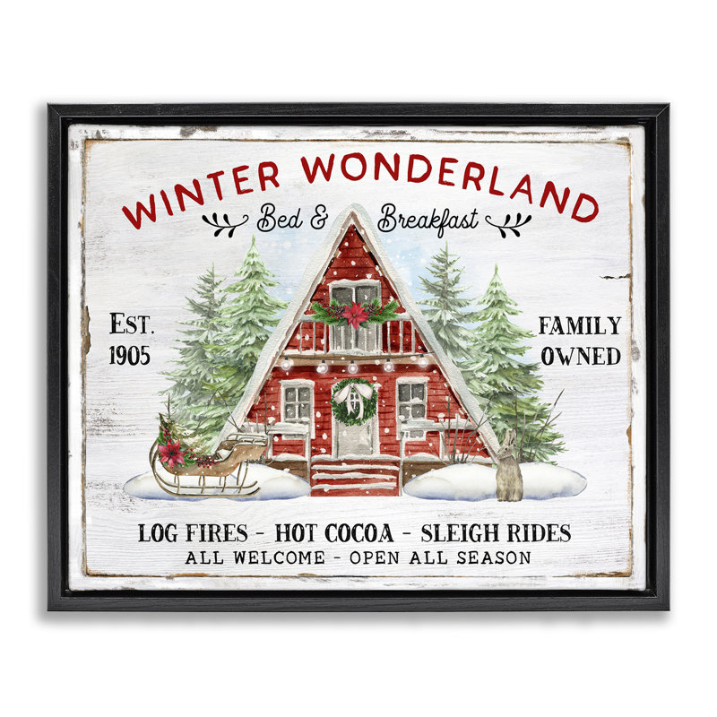 Art mural sur toile Wonderland Christmas Cabin par Creatif Belle, H 25 po x l 31 po, Cadre flottant noir de jais