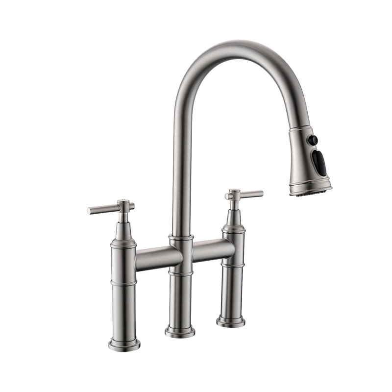 3 Hole Bridge Kitchen Faucet With Pull Down Sprayer,2 Handle Faucet For Kitchen Sinks Pull Out Sprayer Kitchen Sink Faucet