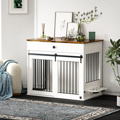 39"L Wooden Large Dog Crate Furniture With Sliding Door, Side Door & Rotating Bowls