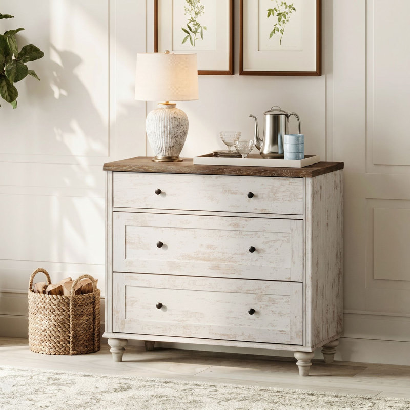 Ariv Farmhouse Kid's Dresser, Baby Dresser for Bedroom with 3 Drawers, Rustic White, Rustic White