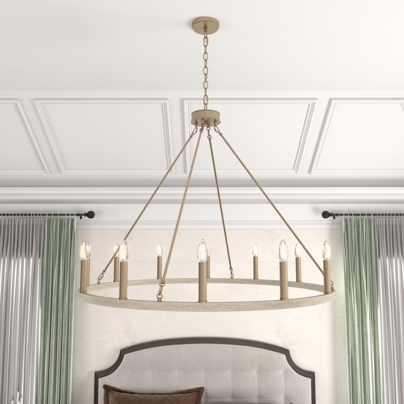 Beck 12 - Light Living Room Steel Dimmable Candle Style Wagon Wheel Chandelier UL Certified, French Ash