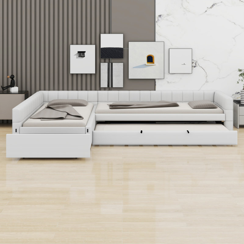 Lit de jour rembourré moderne en L avec lit gigogne escamotable et tiroir de rangement, Beige