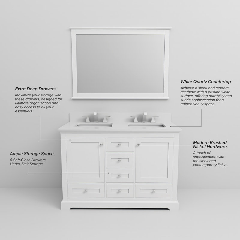 Dukes 48 in W x 22 in D Double Bath Vanity, and Chrome Faucet Set, White Quartz, White