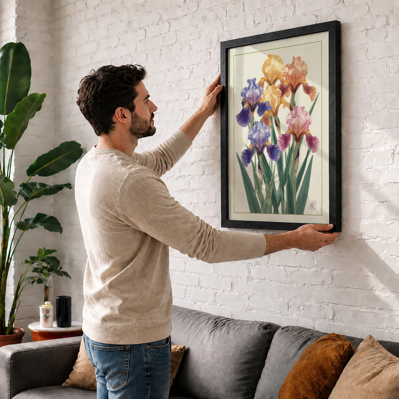 Iris Garden Botanical - Framed Print, A1 - 84.1 x 59.4 cm, Oak