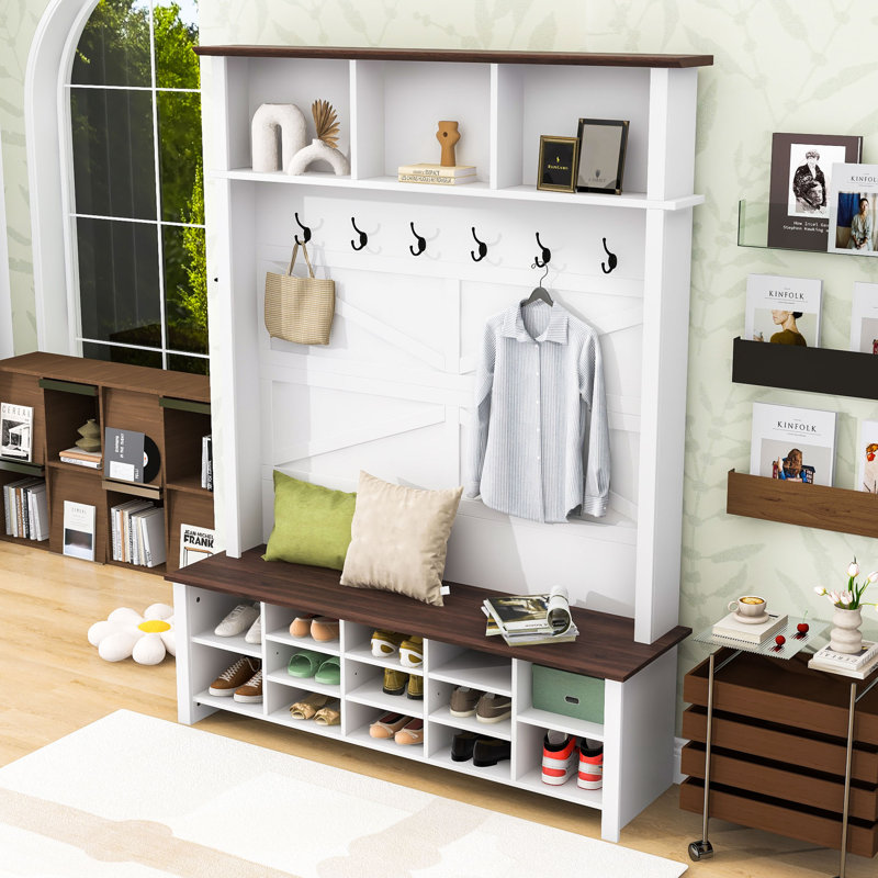 Arbre d'entrée rustique avec banc, crochets et rangement Rustic Farmhouse, Blanc