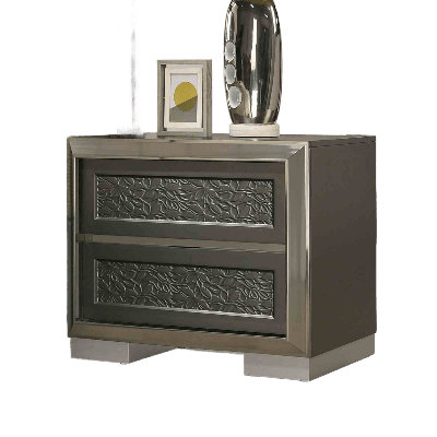 Contemporary Nightstand With Leaf Pattern Molding And Metal Glides, Dark Gray Finish | Gift Idea