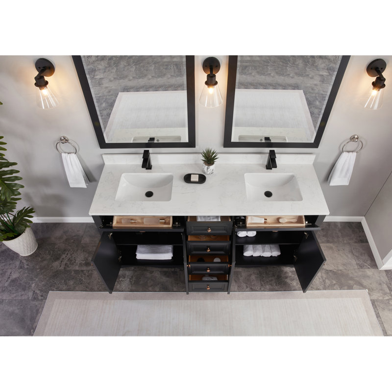 72" Solid Wood Sink Vanity  With 1' Artificial Stone Top, Tricorn Black