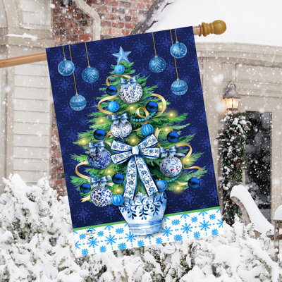 Blue & White Christmas Tree House Flag 28x40