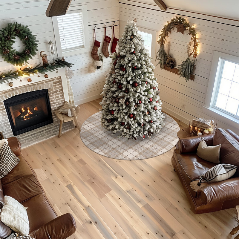 Christmas Plaid Ivory Snow, Round 5'4", Ivory/Biege/Gray