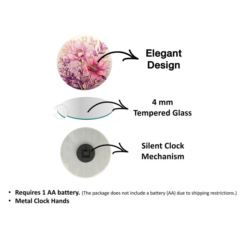 Horloge murale vibrante en verre trempé rose et mauve, Blanc