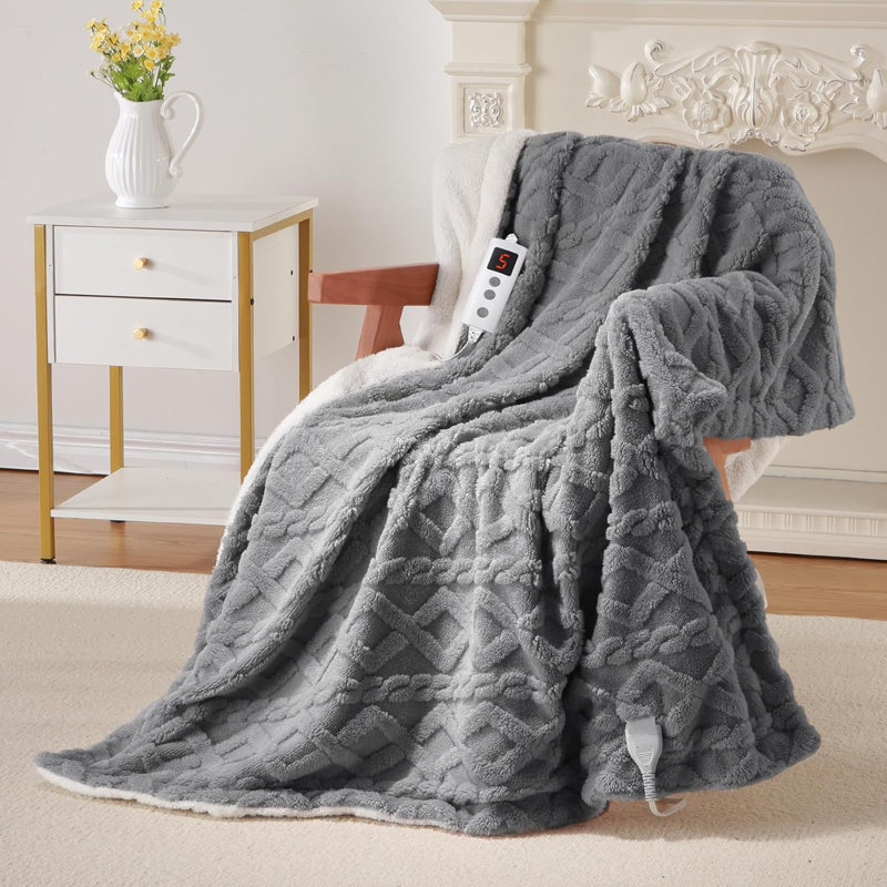 Couverture chauffante électrique, couverture chauffante touffetée, couverture électrique Sherpa lavable à la machine avec double contrôle, 10 réglages de temps, 10 niveaux de chauffage rapide