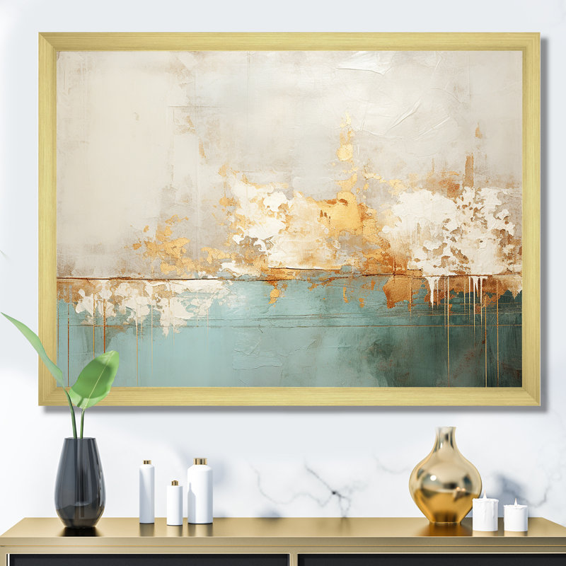 Minimalisme doré et bleu sarcelle horizon I - peinture abstraite, art mural, H 34 po x l 44 po x P 1,5 po, Cadre doré simple