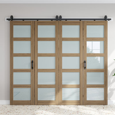 3 portes de grange pliantes en verre givré à 3 portes doubles avec ensemble de quincaillerie d'installation 84 po