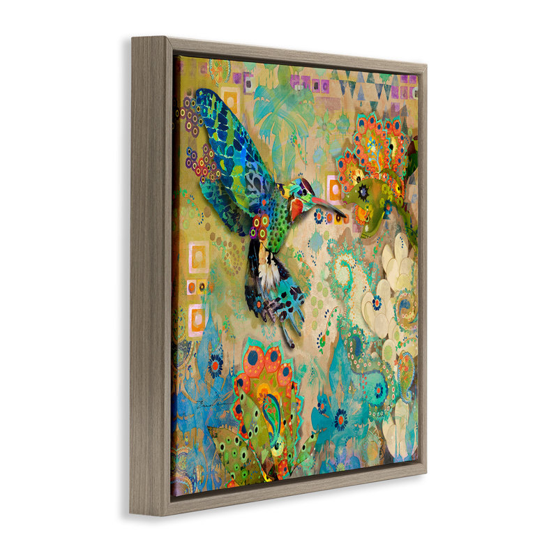 Motif bohème colibri, H 18 po x l 18 po, Cadre flottant orme Montalcino