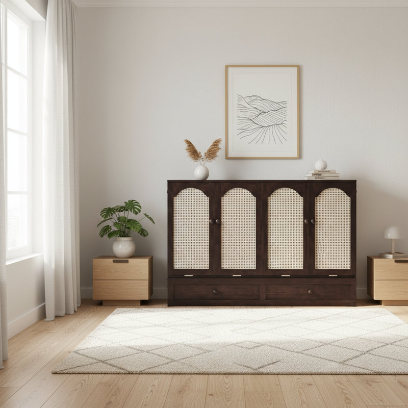 Grand lit escamotable, armoire-lit en bois de pin avec centrale électrique et panneau de décoration en rotin, noyer, Noyer