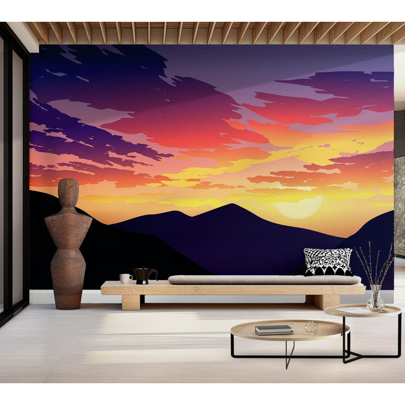 Papier peint de qualité supérieure - Silhouette de montagne au coucher du soleil, L 96 po x l 120 po