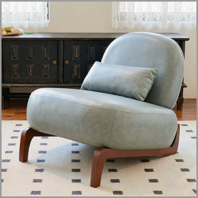 Cute Accent Chair with Solid Wood Legs, Faux Leather Living Room Chair with Soft Cushion, Cozy Bedroom Chair, Comfy Armless Reading Chair for Apartment, Waiting Room, Balcony (Blue)
