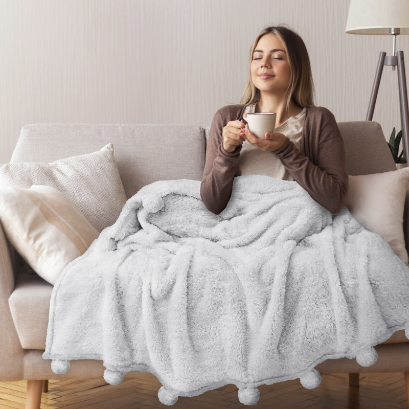 White Sherpa Fleece Throw Blanket with Pom Pom Fringe