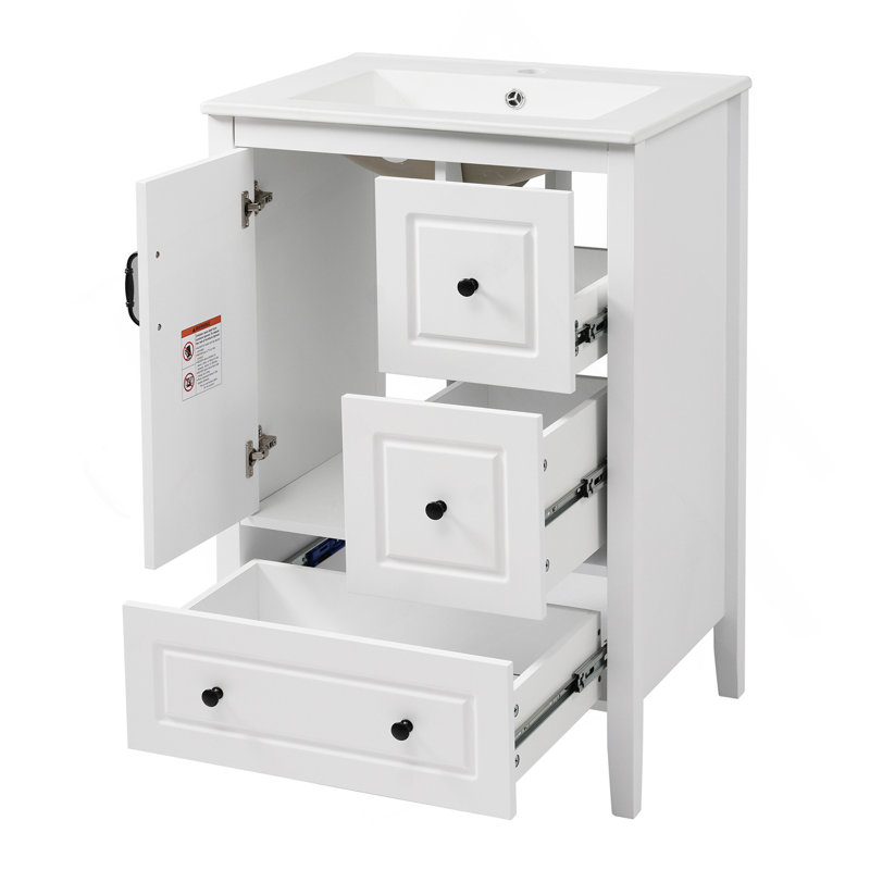 Meuble-lavabo de salle de bain avec lavabo, une armoire avec porte à fermeture douce, 3 tiroirs à fermeture douce, poignées en métal rétro, blanc