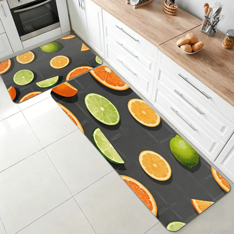 Citrus Fruit Slice Pattern 2 Pack Kitchen Area Rugs, Kitchen Sink Area, Black