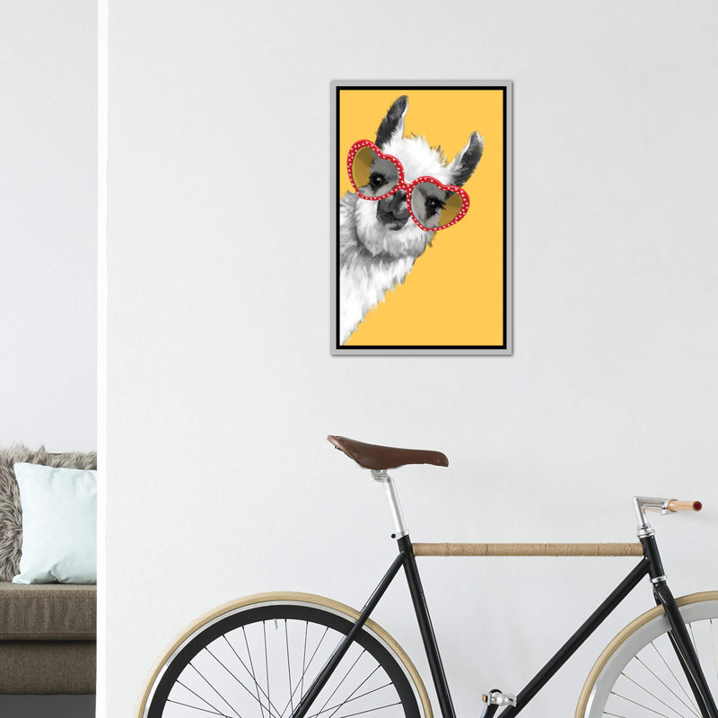 Art de llama mode avec verres à hipster, H 26 po x l 18 po x P 1,5 po, Toile avec cadre argenté