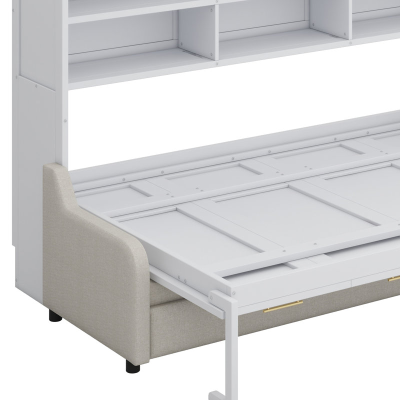 Lit armoire avec canapé escamotable Murphy, tablettes de rangement intégrées et lumière DEL, Grand lit