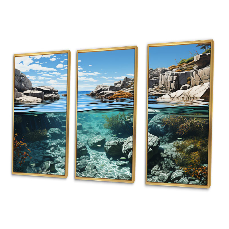 Ensemble de salon d'art mural Wild Coast Beachscape Landscape II, Cadre flottant doré, H 28 po x l 36 po x P 1 po