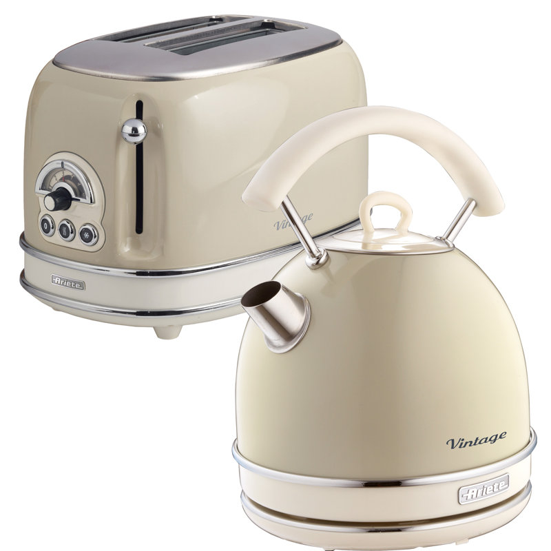Ariete Vintage 1.7L Stainless Steel Dome Kettle with 2 Slice Toaster Set, Cream