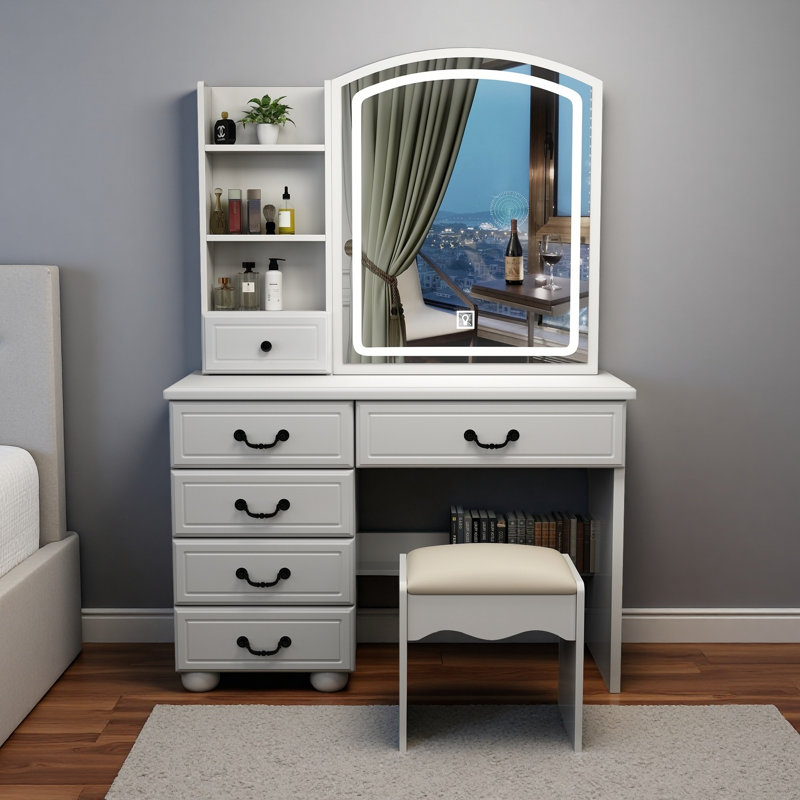 6-drawer Vanity Desk With Led Lighted Mirror - Adjustable 3-color Lighting Makeup Table With Storage Shelves, White Dressing Table Set