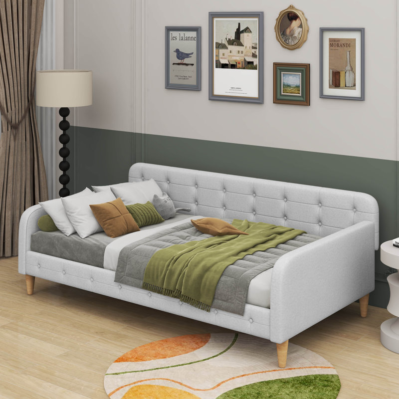 Lit de jour rembourré avec 4 pieds de soutien, Lit simple, Beige